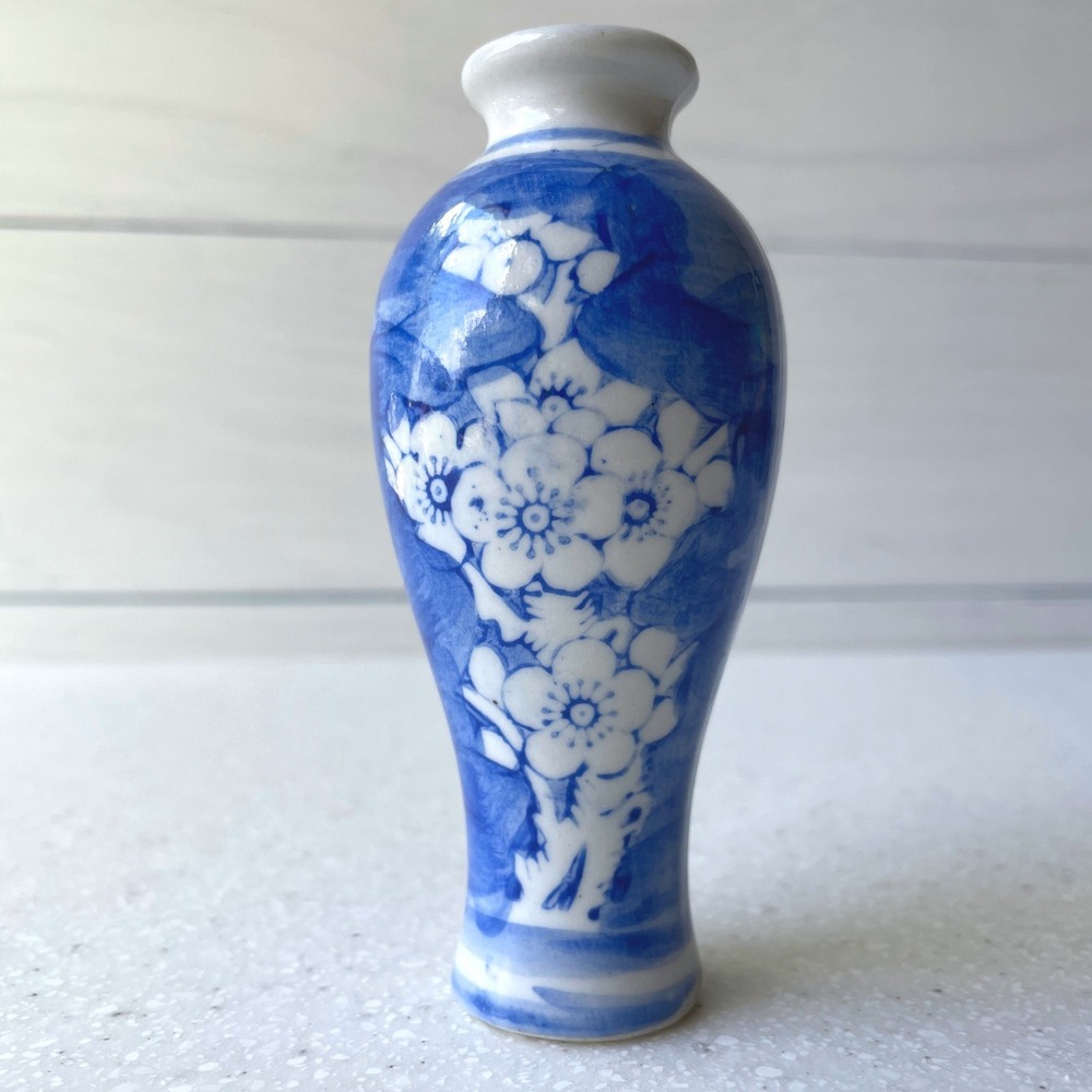 Mini Blue and White Floral Porcelain Bud Vase Hand Painted 4.25 Inch Chinoiserie